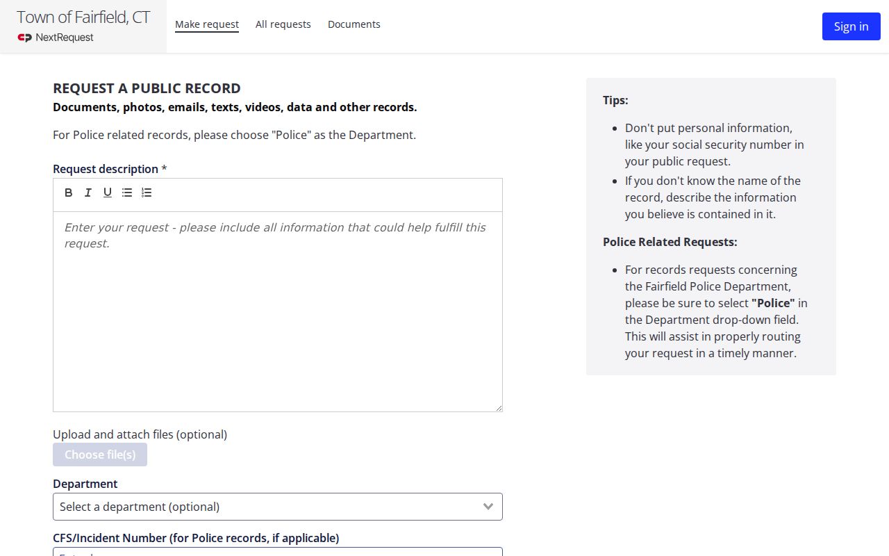 Fairfield Police FOIA request form for nonexempt records