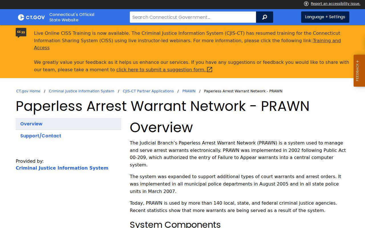 Official Connecticut PRAWN page explaining restricted Fairfield warrant operations