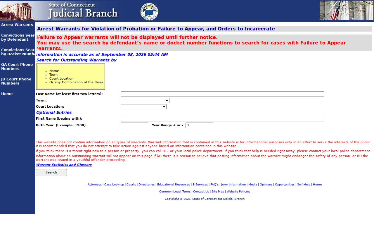 Connecticut VOP and FTA interface used to begin a Fairfield warrant search