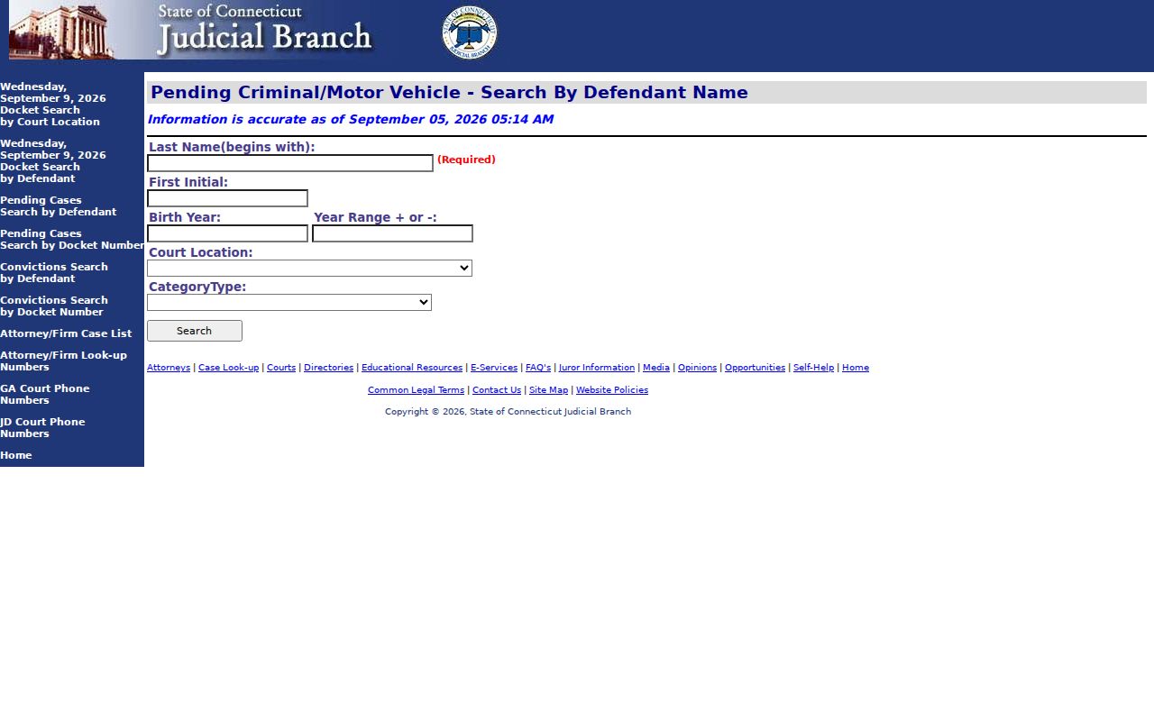 Connecticut pending criminal and motor vehicle docket interface for Fairfield warrant record context